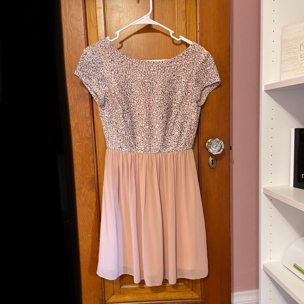 Blush and Patterned Dress with Vneck Back